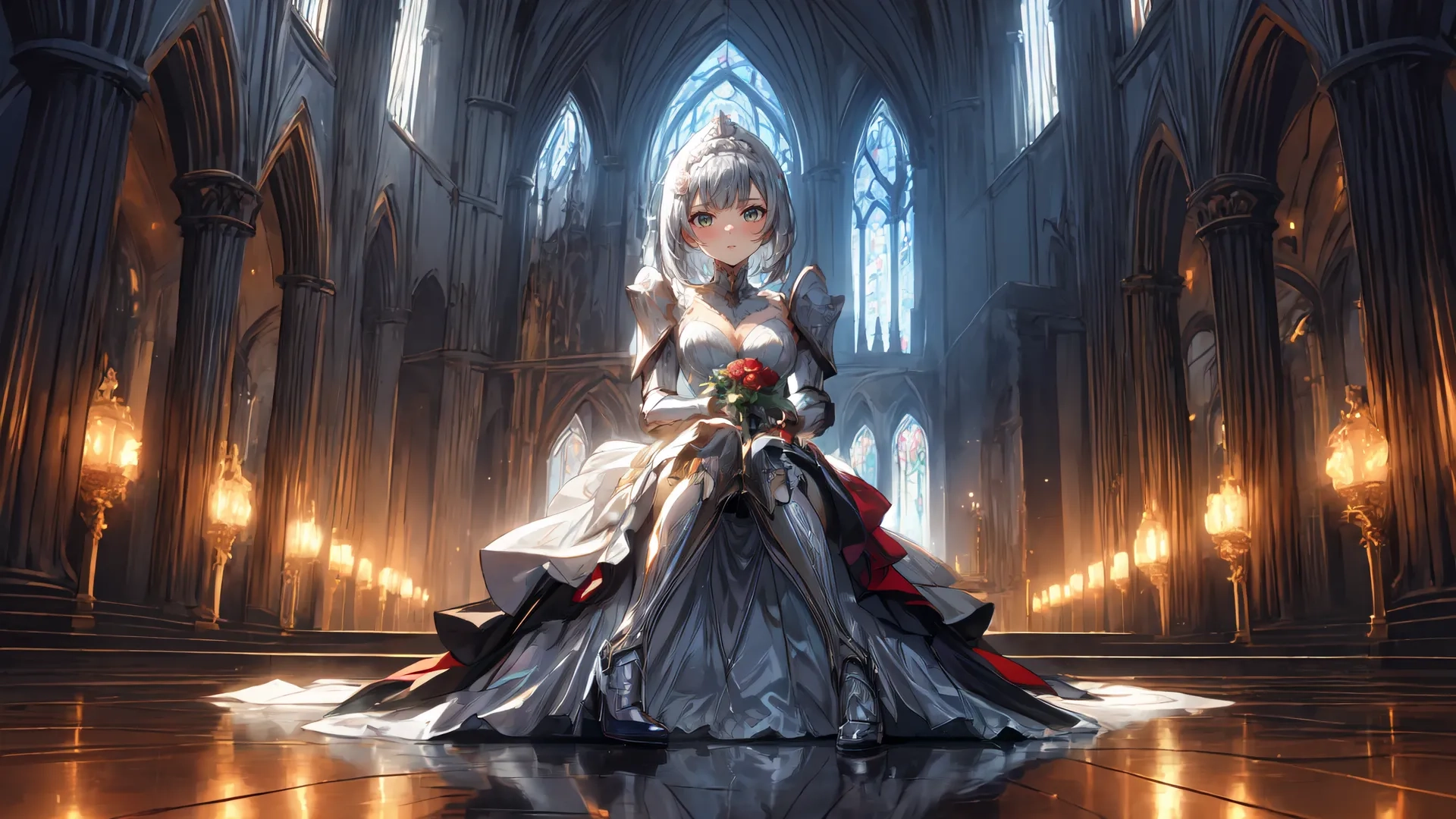 young lady dressed in a grey wedding gown posing with her sword and flower bouquet near lighted castle windows in evening light scene with lighting effect