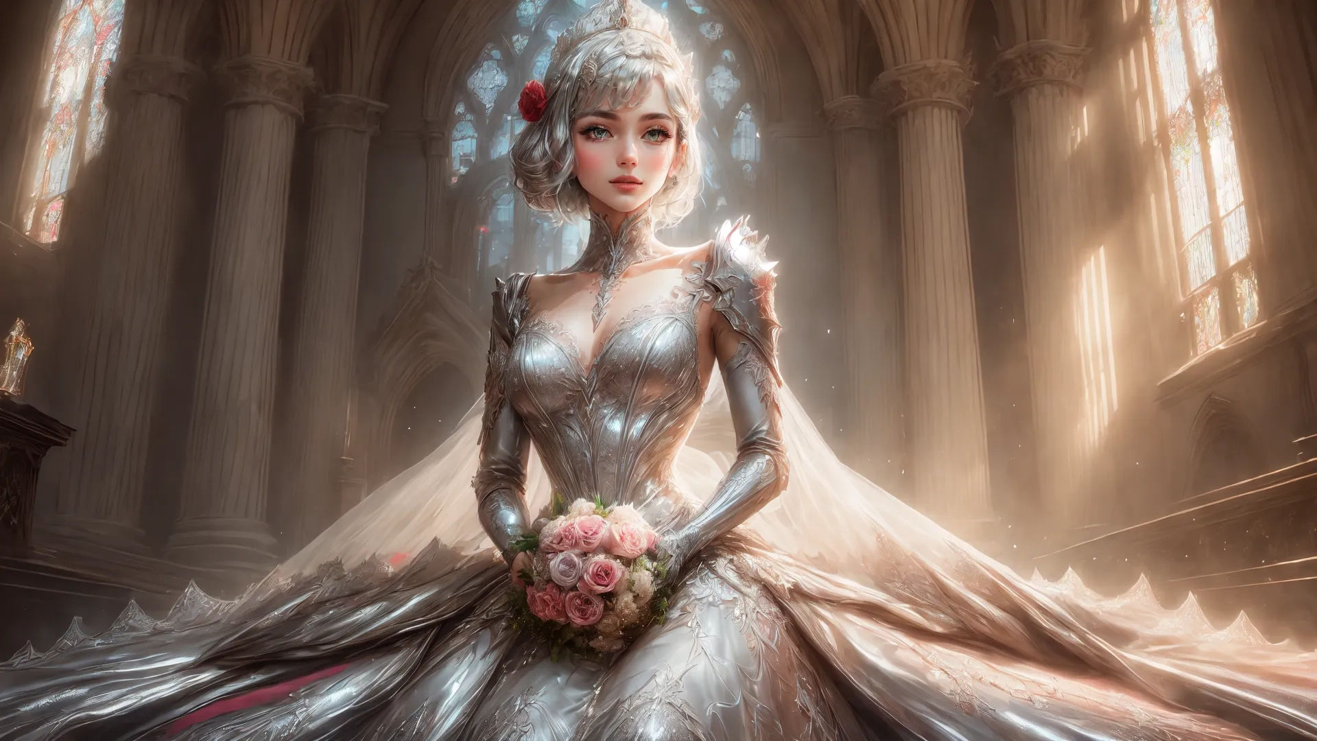 a beautiful woman in a wedding dress next to a stained window and light coming through her veil over her shoulder a wedding bouquet with roses
