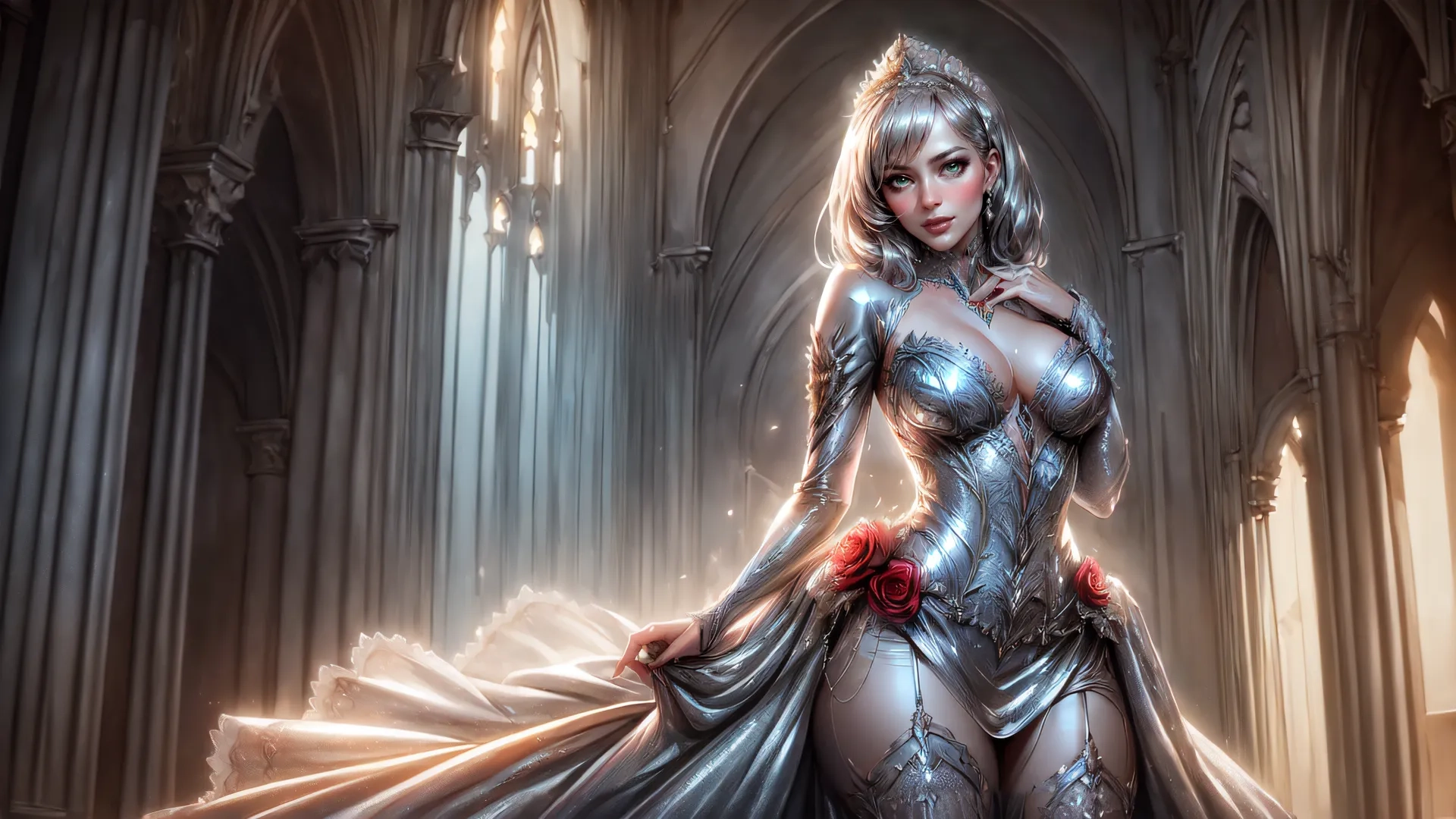 a beautiful woman standing inside of a gothic building during the morning in red light in a dress or suit with silver and red accents and white trim