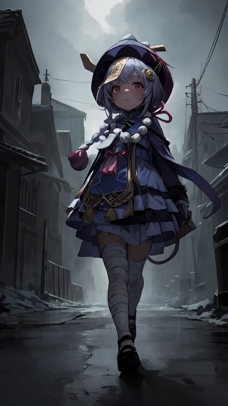 a rendering of an anime woman in the streets posing with two sword in her hand and a black cat sitting on top of her shoulder