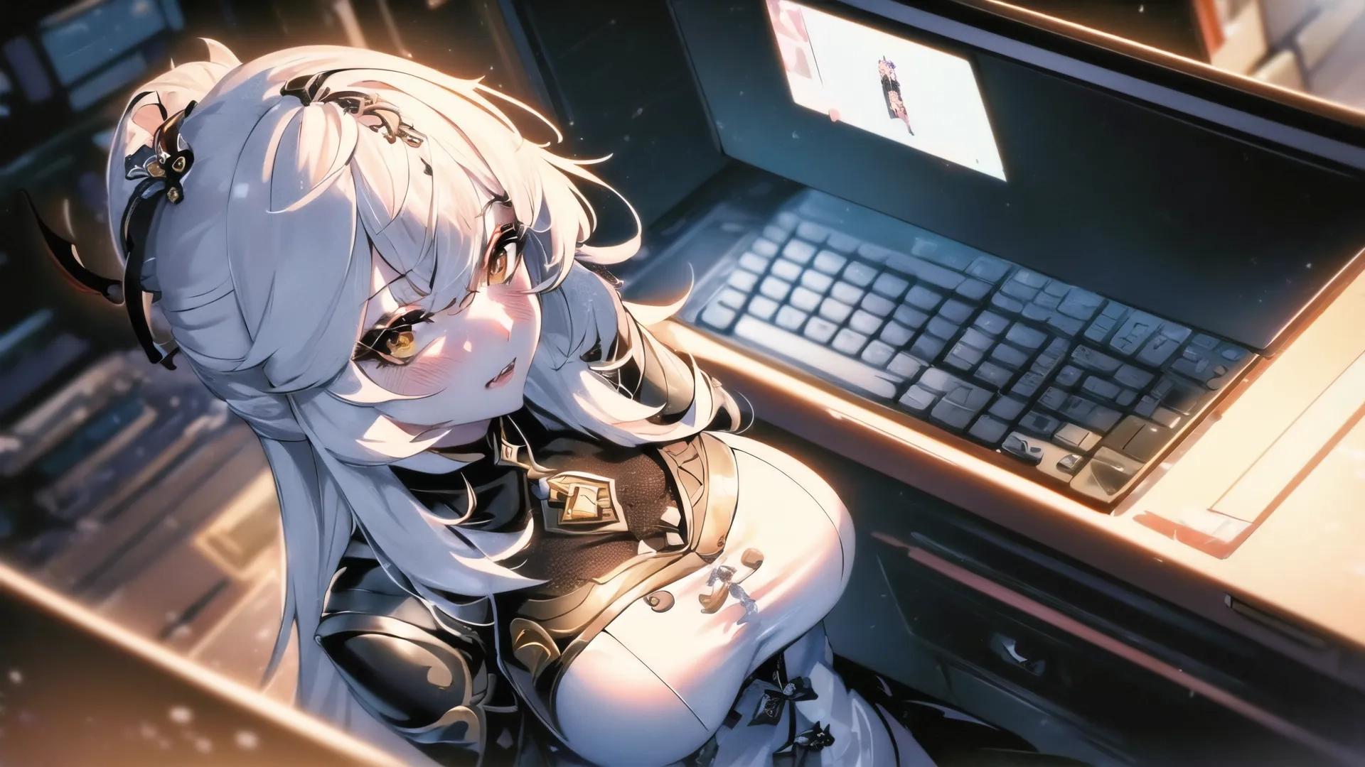 a young anime girl wearing dark and white clothes and a headband sitting at a laptop computer with other screens behind her, all on a desk