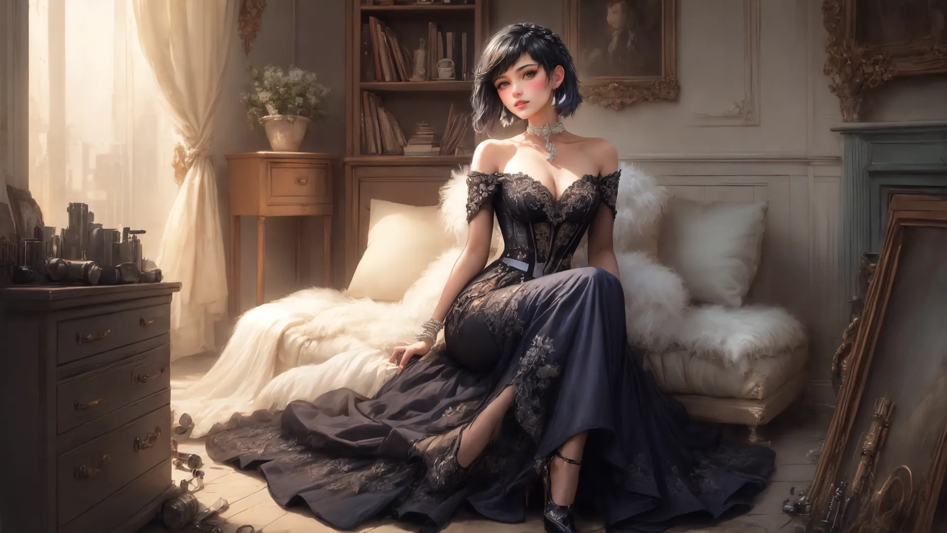 an attractive woman sits on a chair with a fur and shoes beside her knees in front of a sofa and bed with a fur cushion