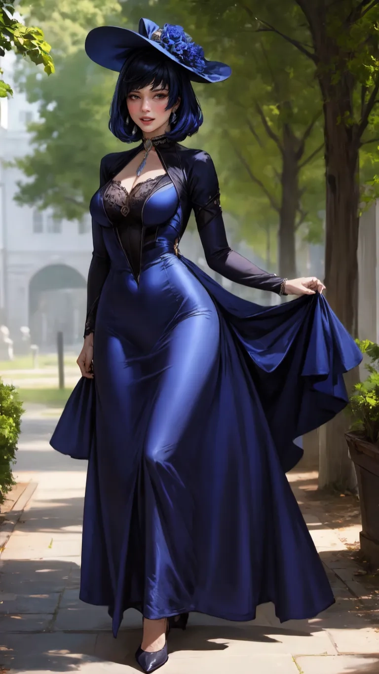 a woman in an unusual blue outfit and matching hat, walks on the sidewalk along with a hat and dress on top of her head

