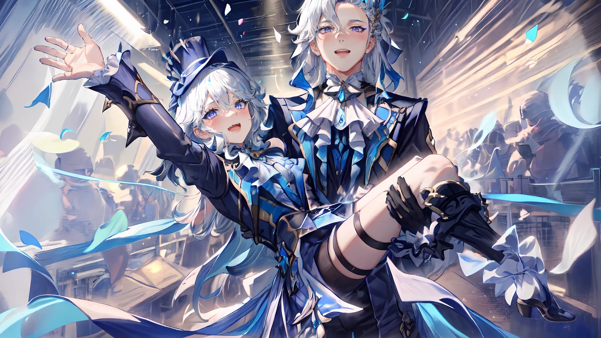 two people in black and blue dress doing anime dances with ribbons and streamers in background and rain falling down on them from ceiling above them
