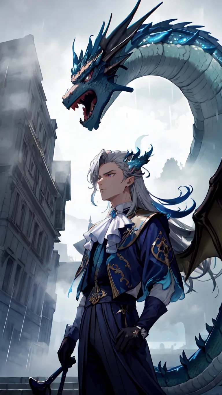 an image of a woman with a dragon head and sword in front of a cityscape, in the middle of an anime setting