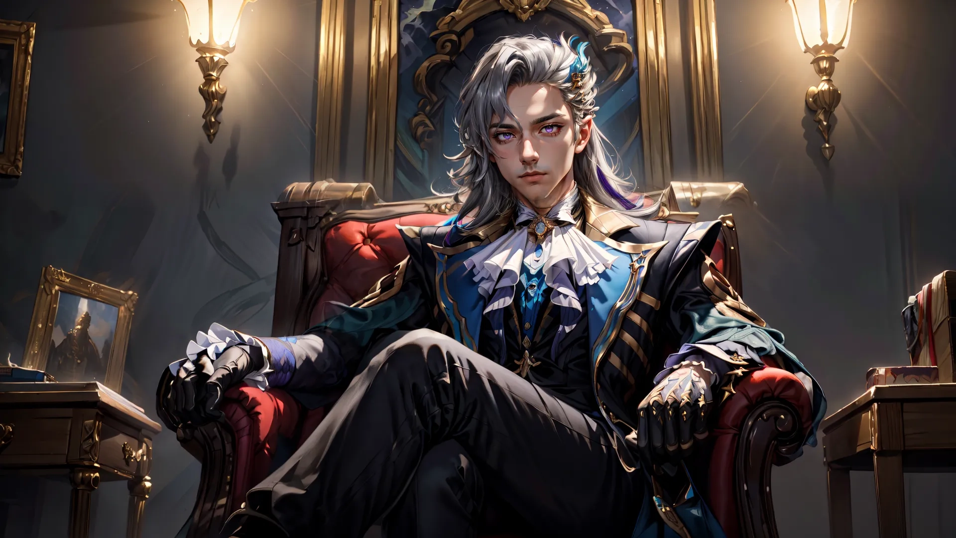the protagonist, male in a dark - skinned suit sitting on a red chair with blue hair and two chairs beside him in a room