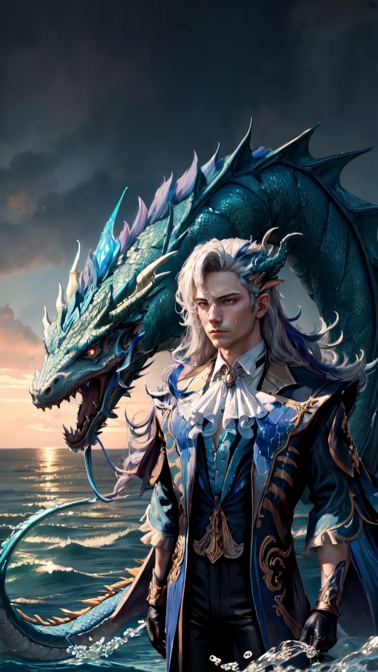 a woman with white hair and an octopus in her hand stands by the ocean and is dressed as a female knight or warrior on a blue - style dragon
