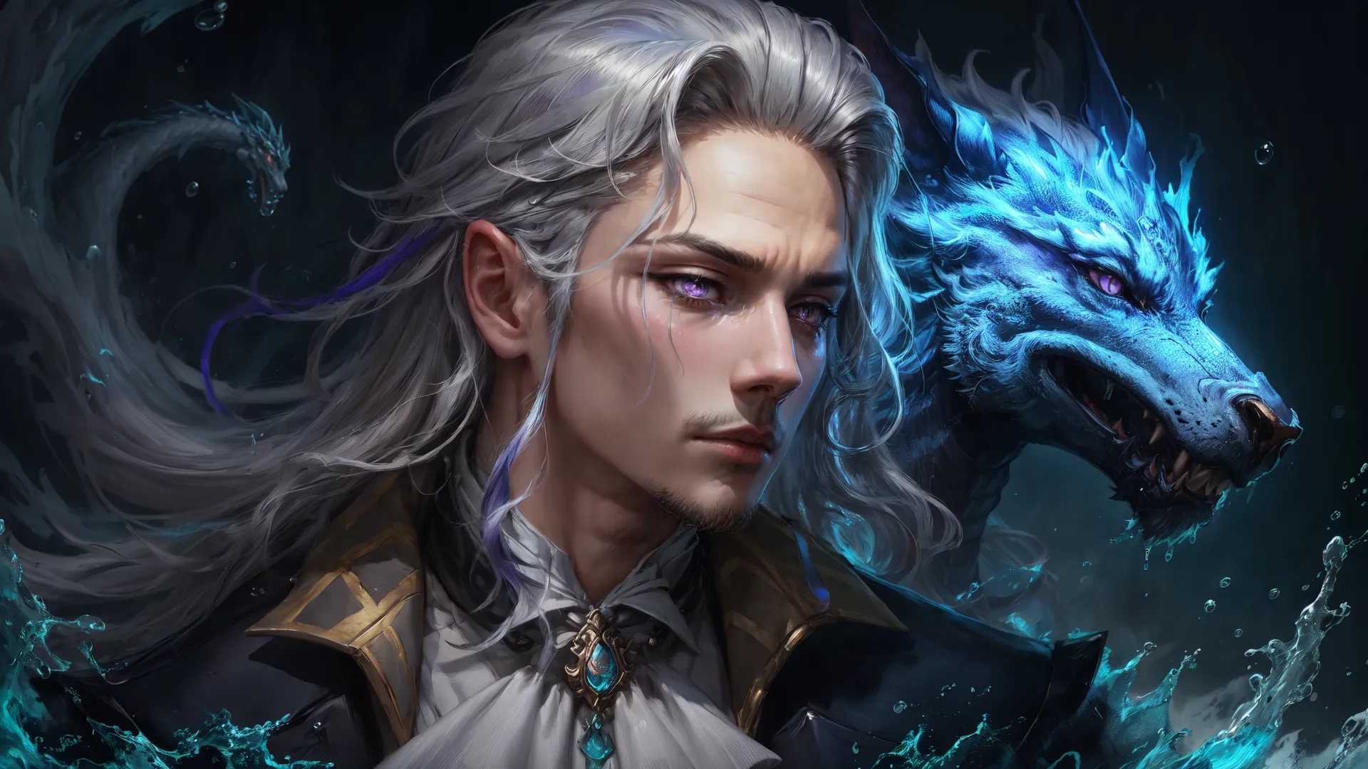 a boy is looking at a blue wolf in the dark with some blue hair and fangs painted on him's face, staring toward towards his right