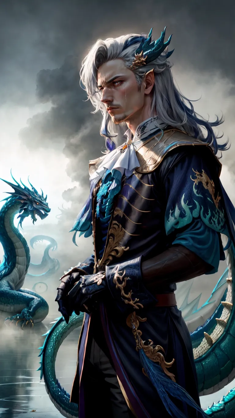 a man in black coat standing next to dragon with long white hair and long blue and gold hair on cloudy sky background, and dragon and water,