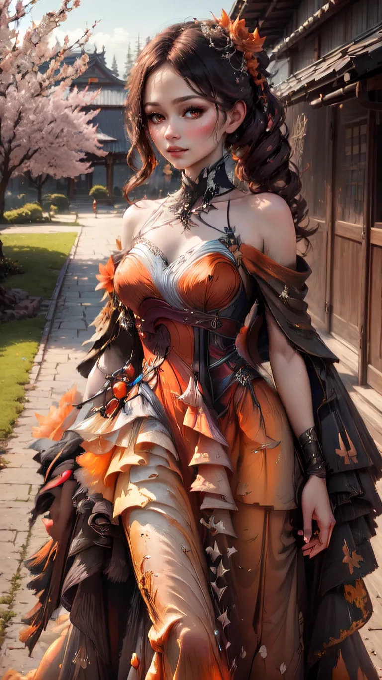 beautiful brunette with corset and feathers posing for camera photograph shoot in fashion theme costume in urban area, full body art image created photo