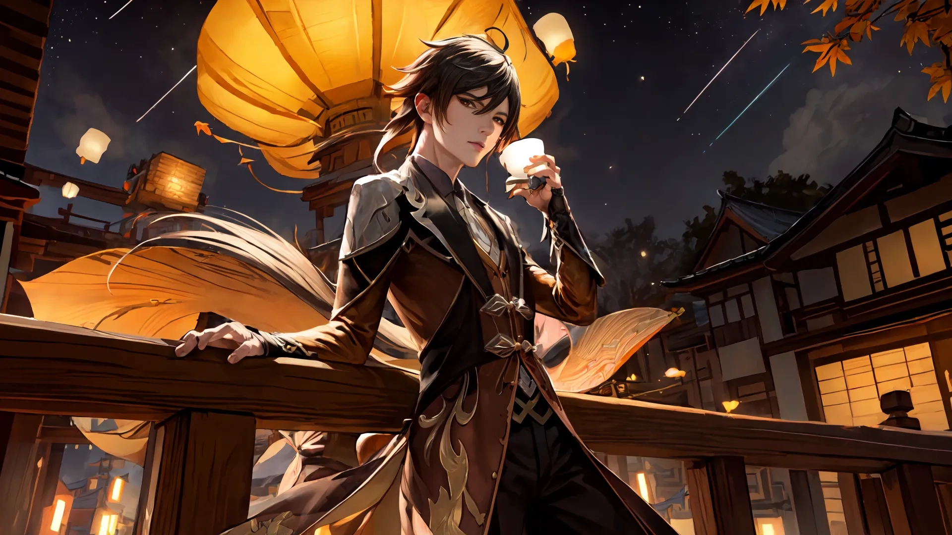 an anime style image of a woman dressed in armor holding a light up lantern by the railing of a house with lanterns over her shoulder and hand