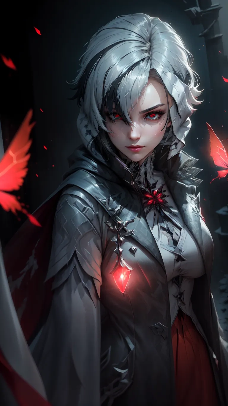 a painting of a woman in grey suit with red hearts on her chest and lights shining around her breasts and a lot of birds flying in the background
