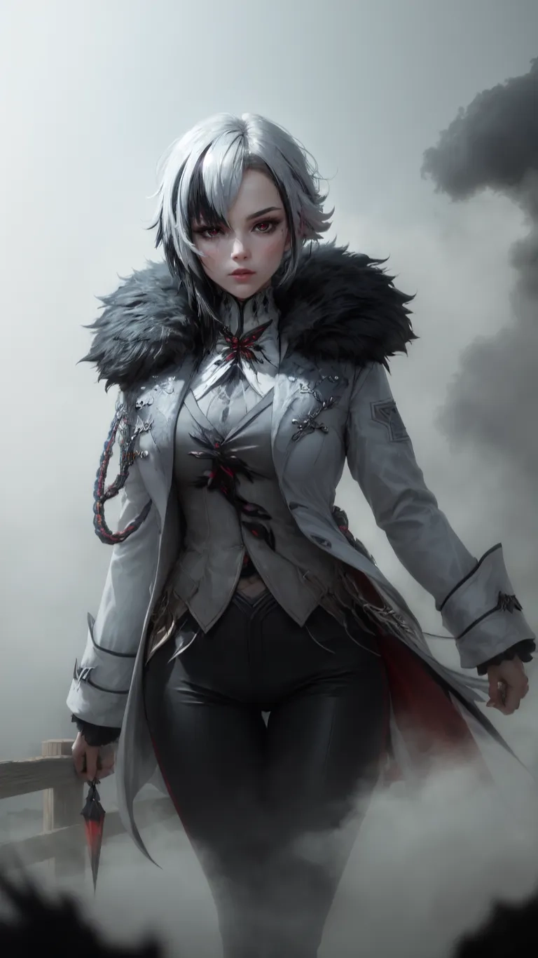 a woman with swords, and fire on the side of her back, on the beach in an overcoat and top coat, dark clouds
