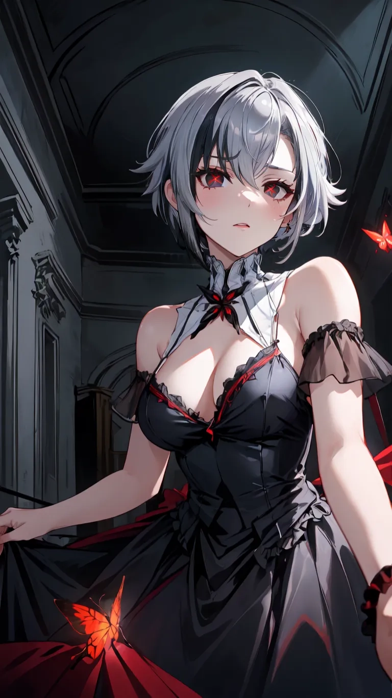 anime character in very sexy dress and butterfly on her arm near a doorway with walls and carpet, and steps leading to it, with long white hair