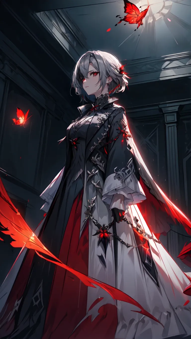 an anime girl who is dressed in some sort of red cloak and wings out on the ground next to a red bird and window or doorway