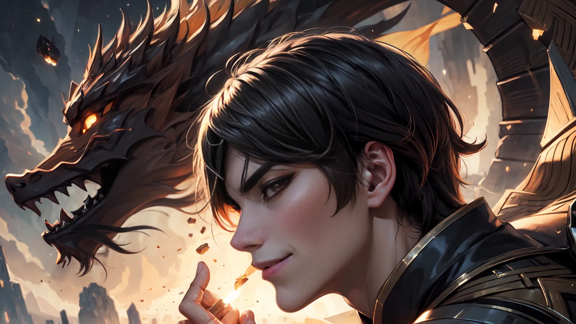 a woman with a dragon on her shoulder and eyes full of red light behind her looks over the shoulder to the side of the head, with her face