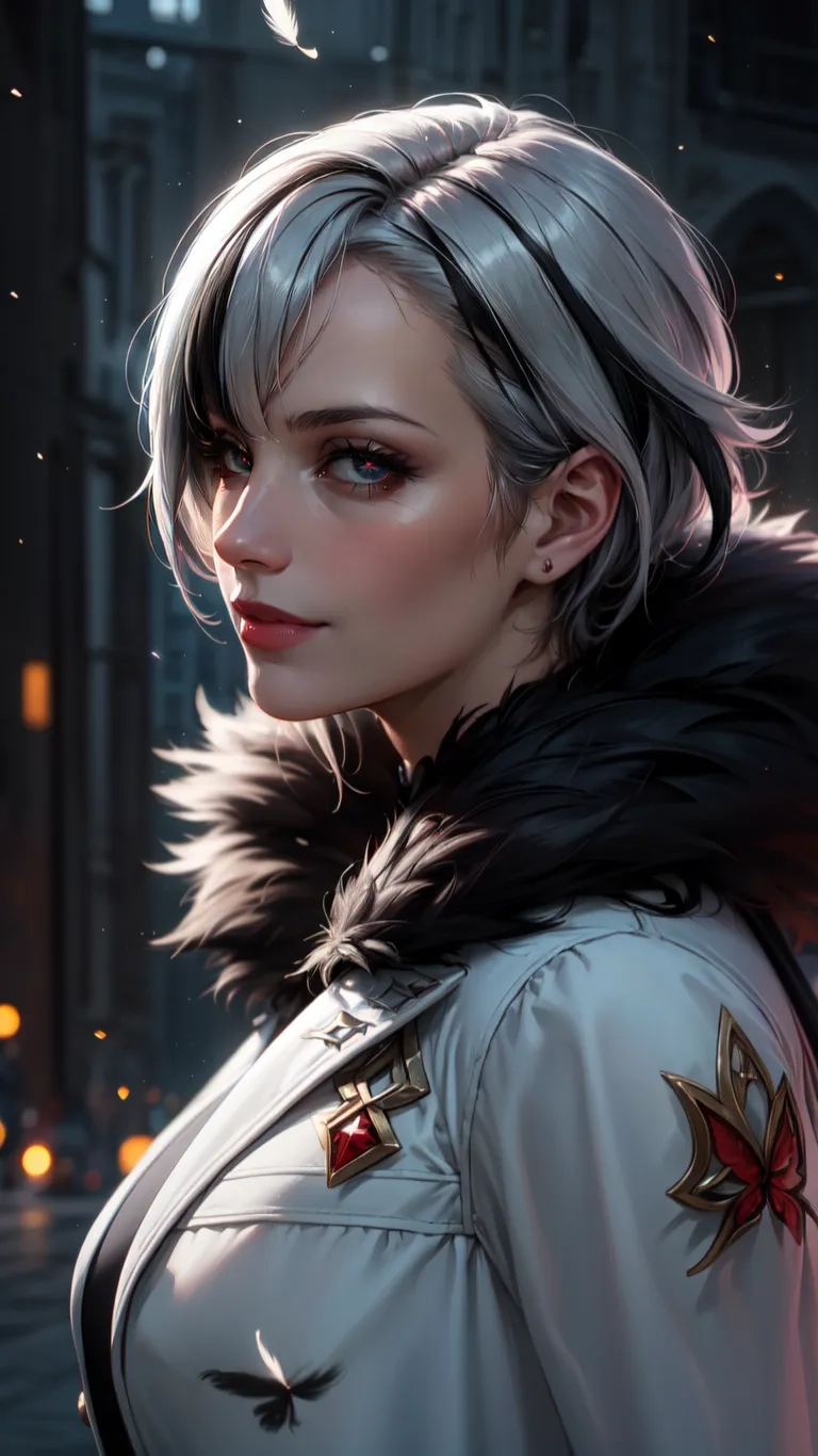 a pretty young lady on fire at night in black and white dress dress - up outfit with fur collar and large hood, standing near building