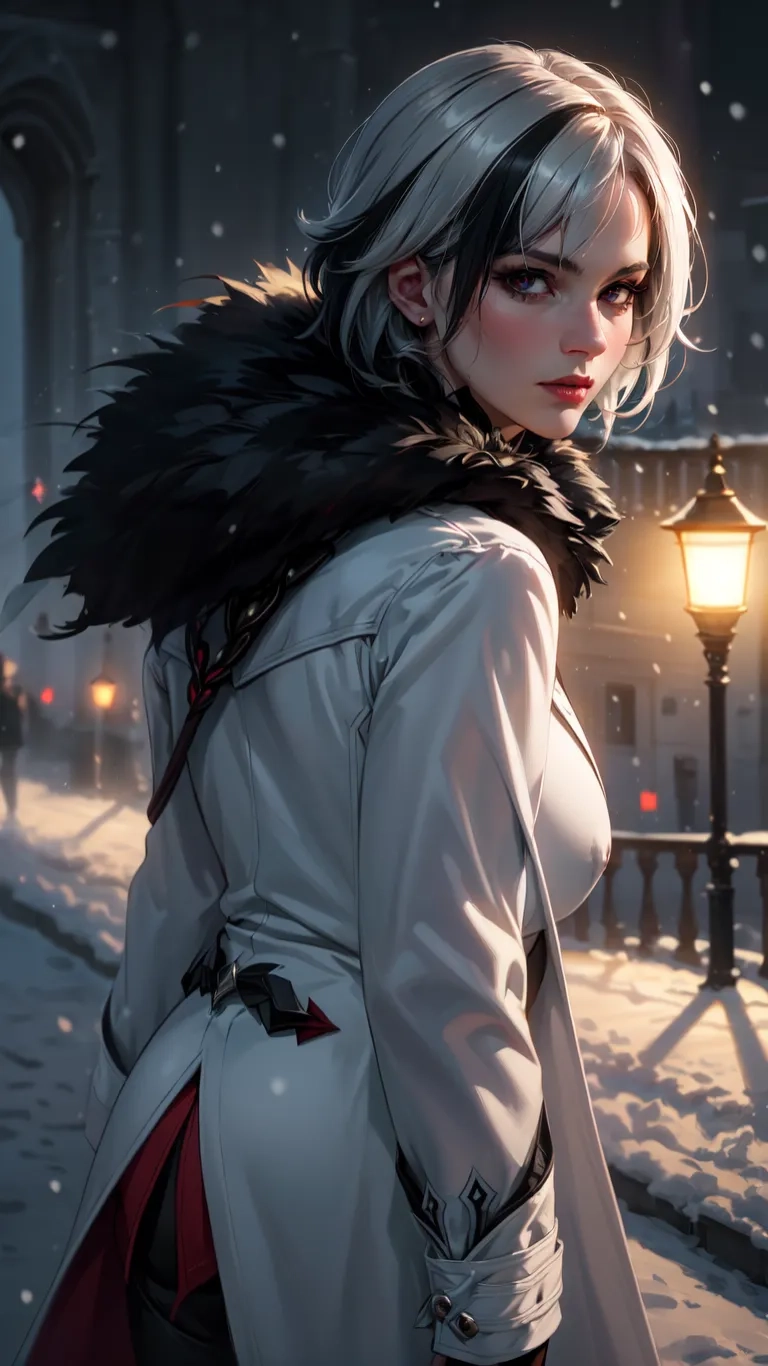 a young woman in a white coat is standing in the snow next to a lantern and street light with a black mantleter around her neck scarf