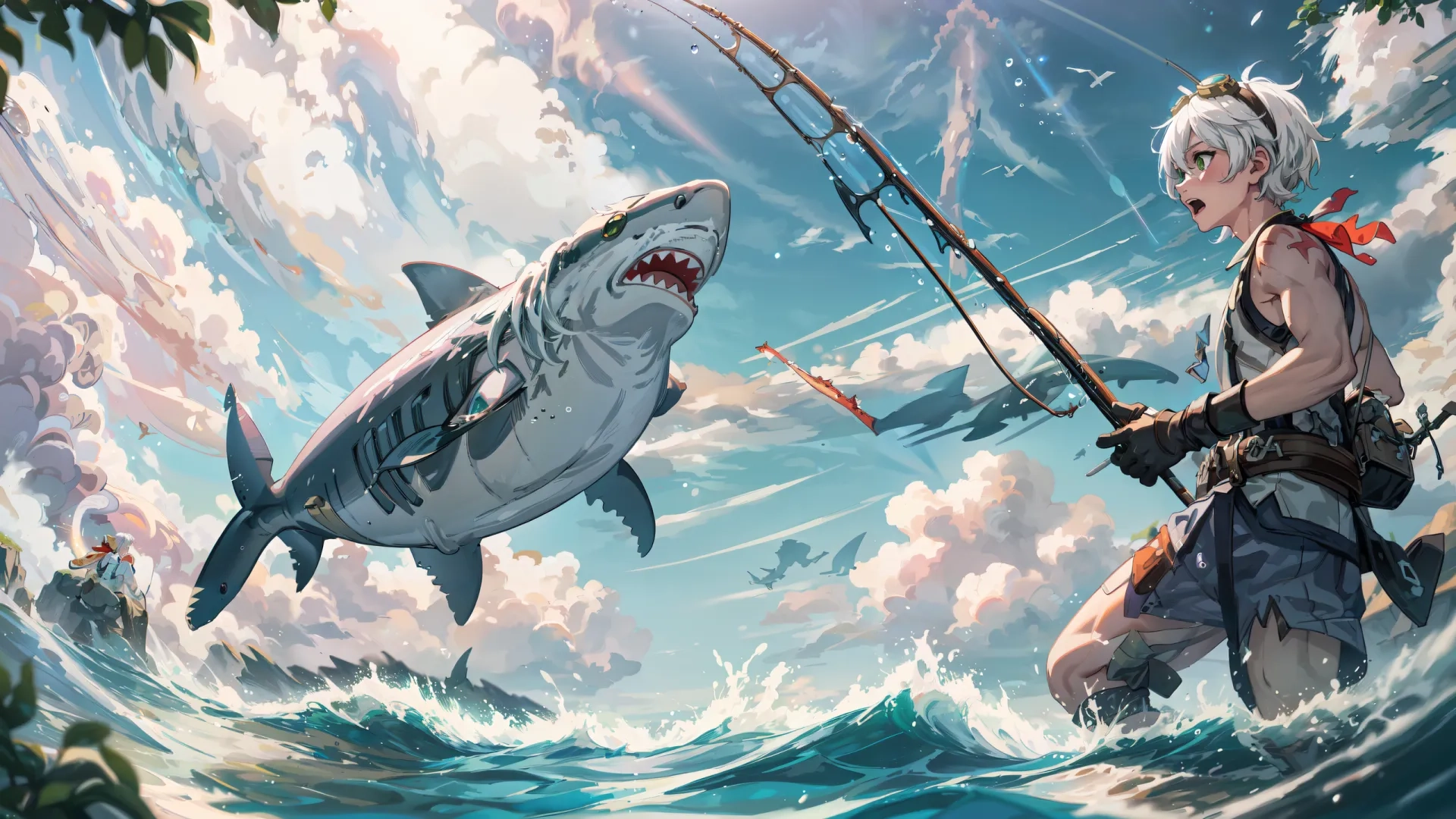 two female people on one beach, holding a pole and two shark fishes to the fishing rod on a cliff, in water with cloudy skies in background
