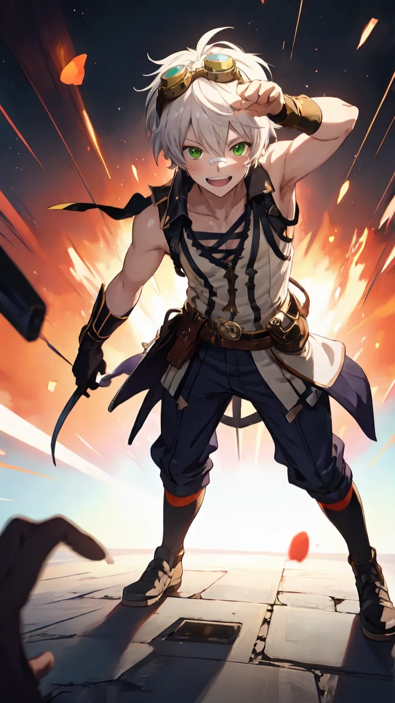 man with white hair and leather armor is hitting a hammer at something off the ground above him are flying other objects next to him against them