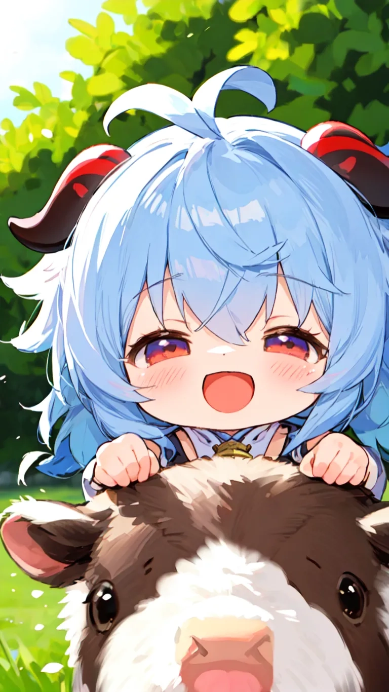 a cute blue head female sitting on top of a cow outdoors in the jungle next to some trees and grass with trees behind her, on an artistic background, a little pet,