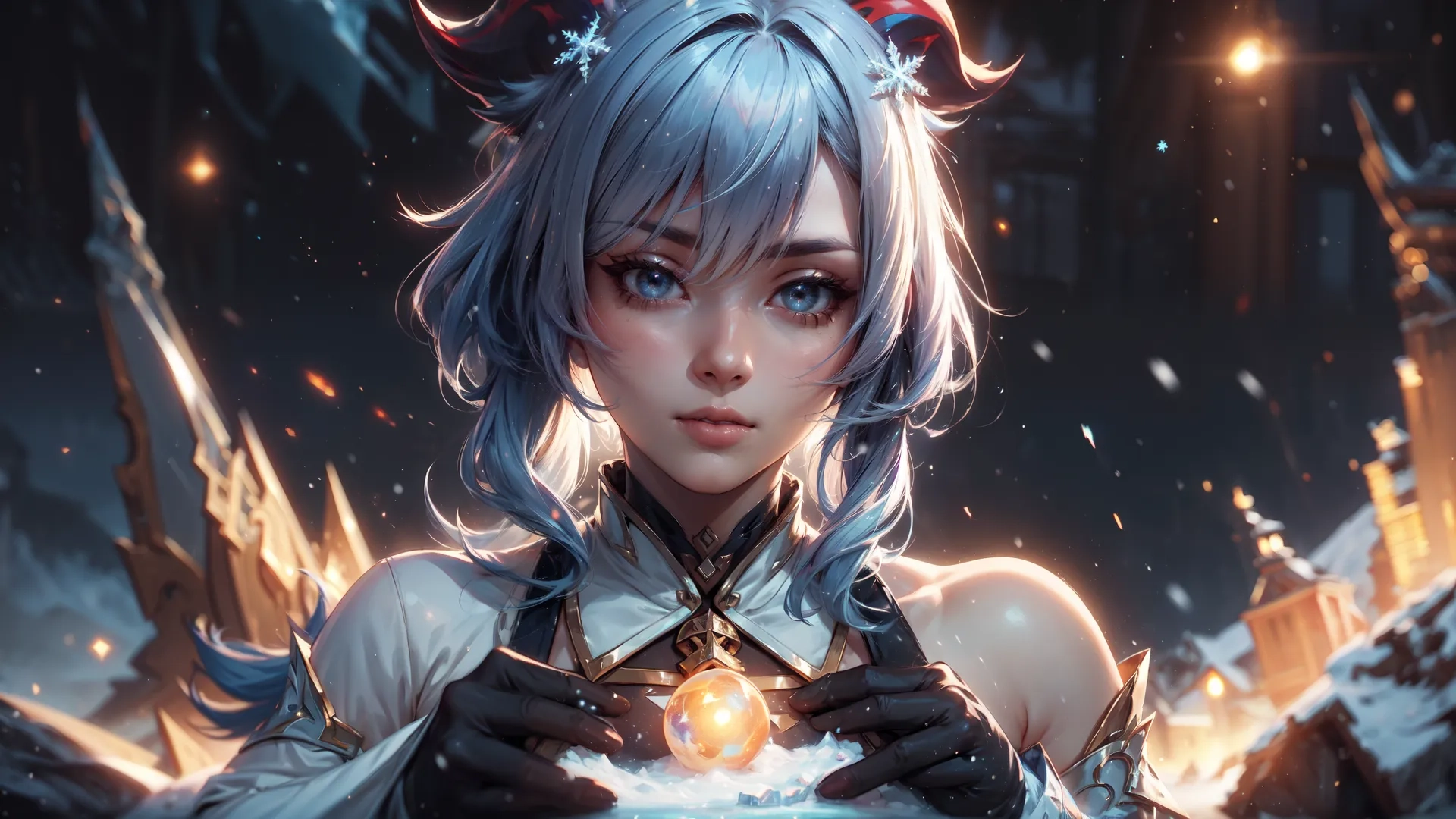an anime character is holding a glass and standing in front of ice crystals while staring into the distance with a dark background behind her,