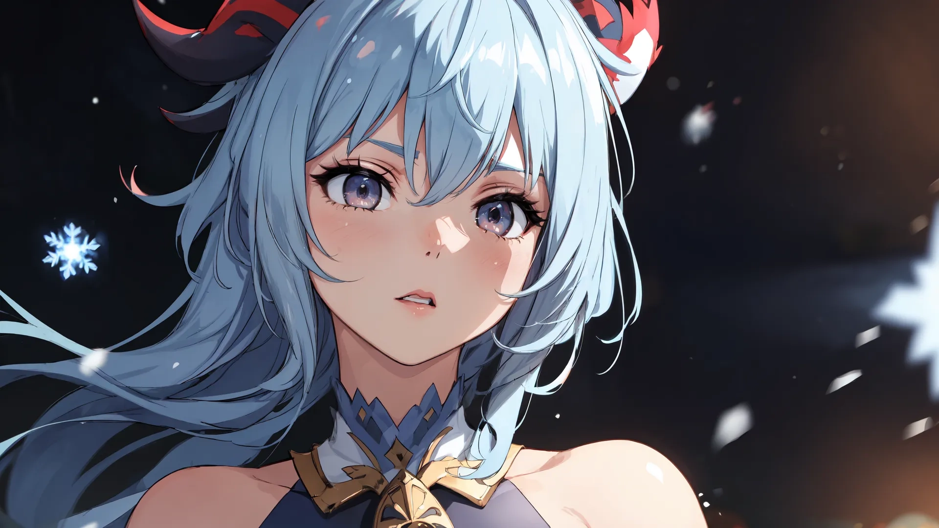 a person with long blue hair and a devil like headband is staring in a snowy sky background and snow flakes around them behind it