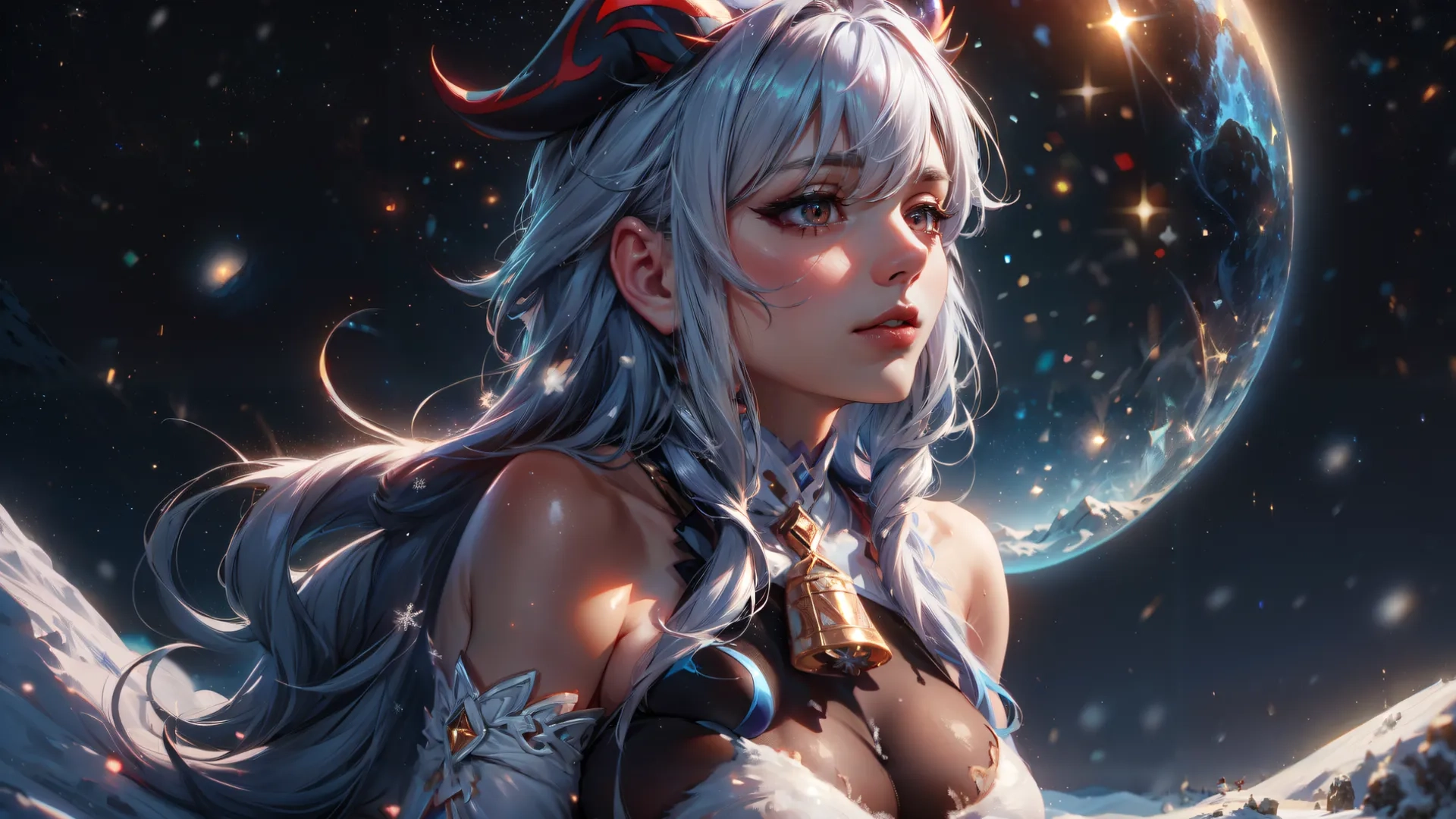 a pretty lady in short hair holding an open fire bowl as it looks at the moon and a snow capped mountain in the background through the air