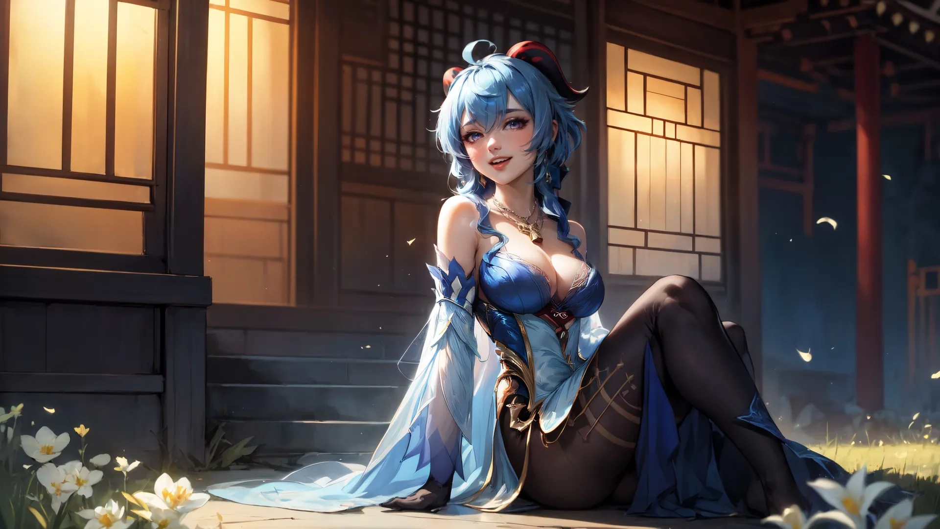 some very cute anime girls by a building and flowers in the grass are falling down on her eyes as well as a guy and woman