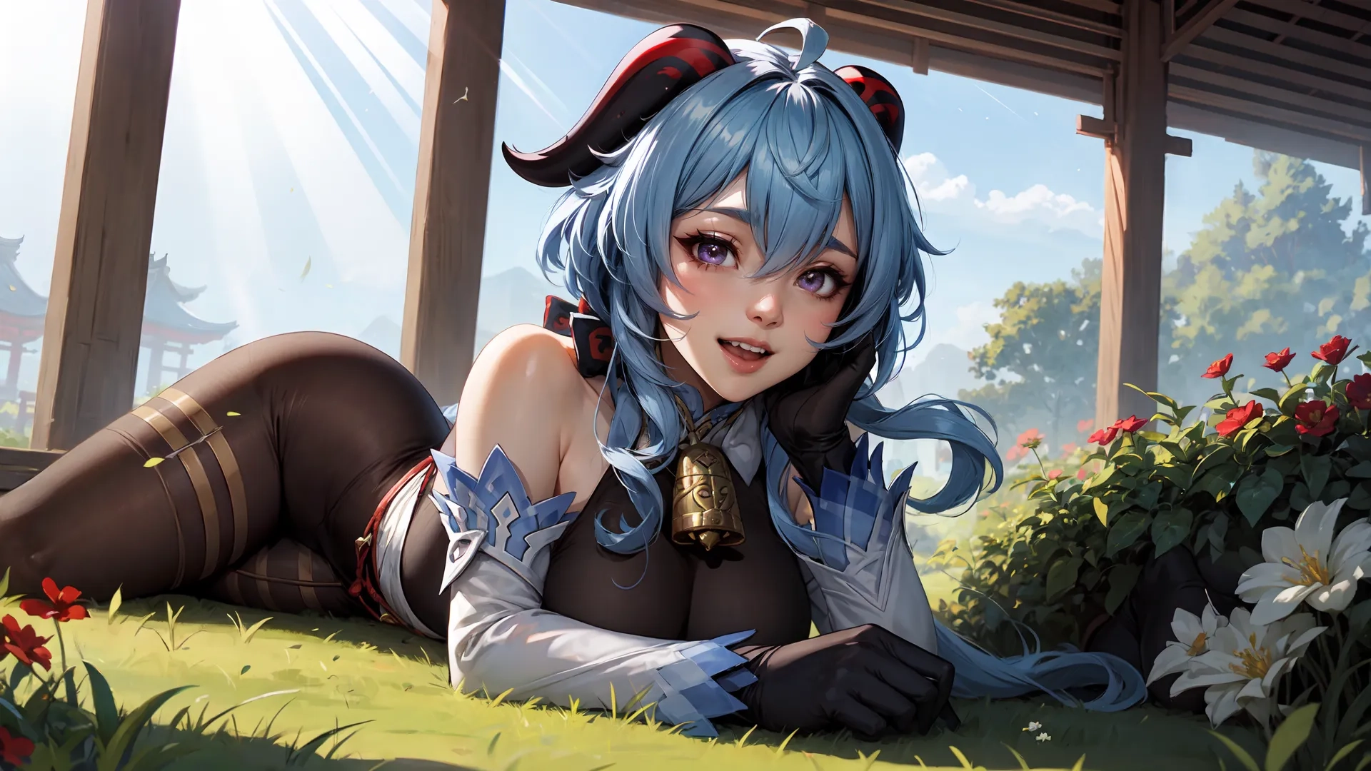 a woman lying on the ground while wearing bunny ears above her head and wearing stockings with her hands behind her back and wearing black gloves
