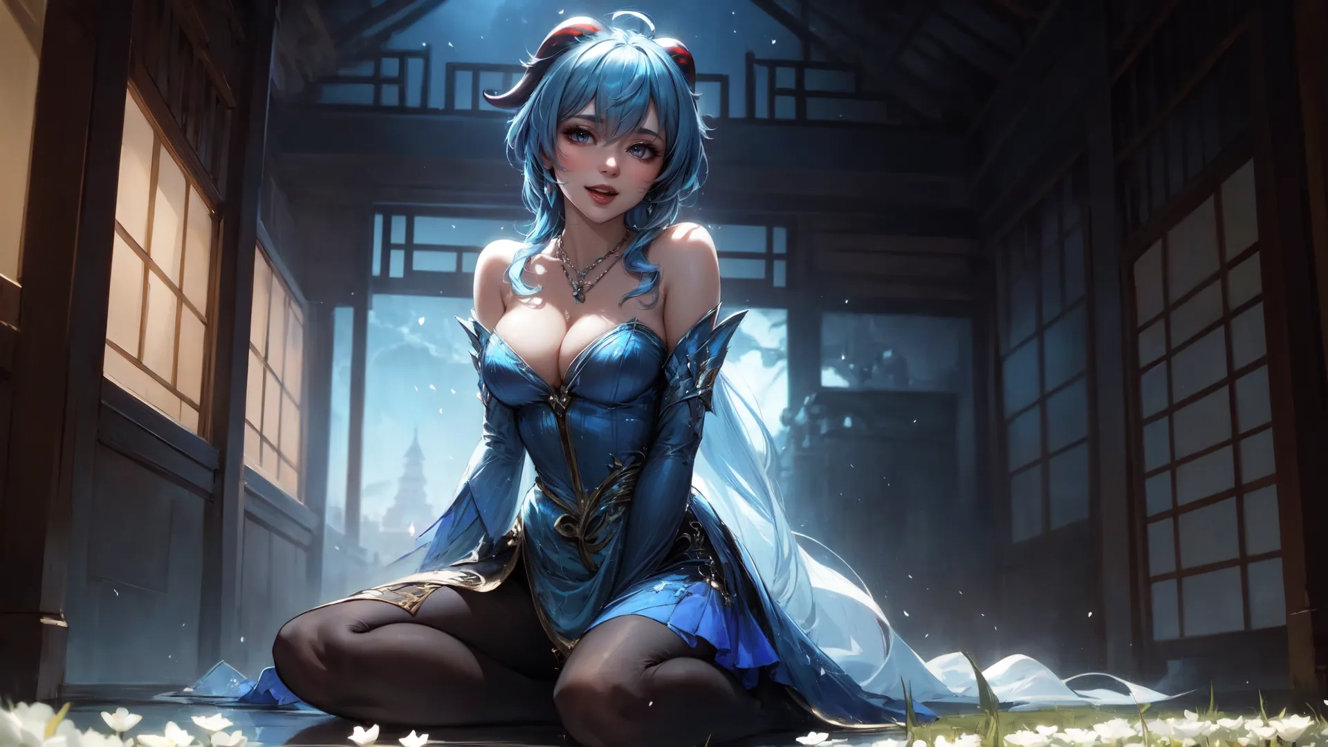 a woman in a blue outfit sitting on an oriental floor with flowers in front of her eyes and hands her left chest has dark hair on