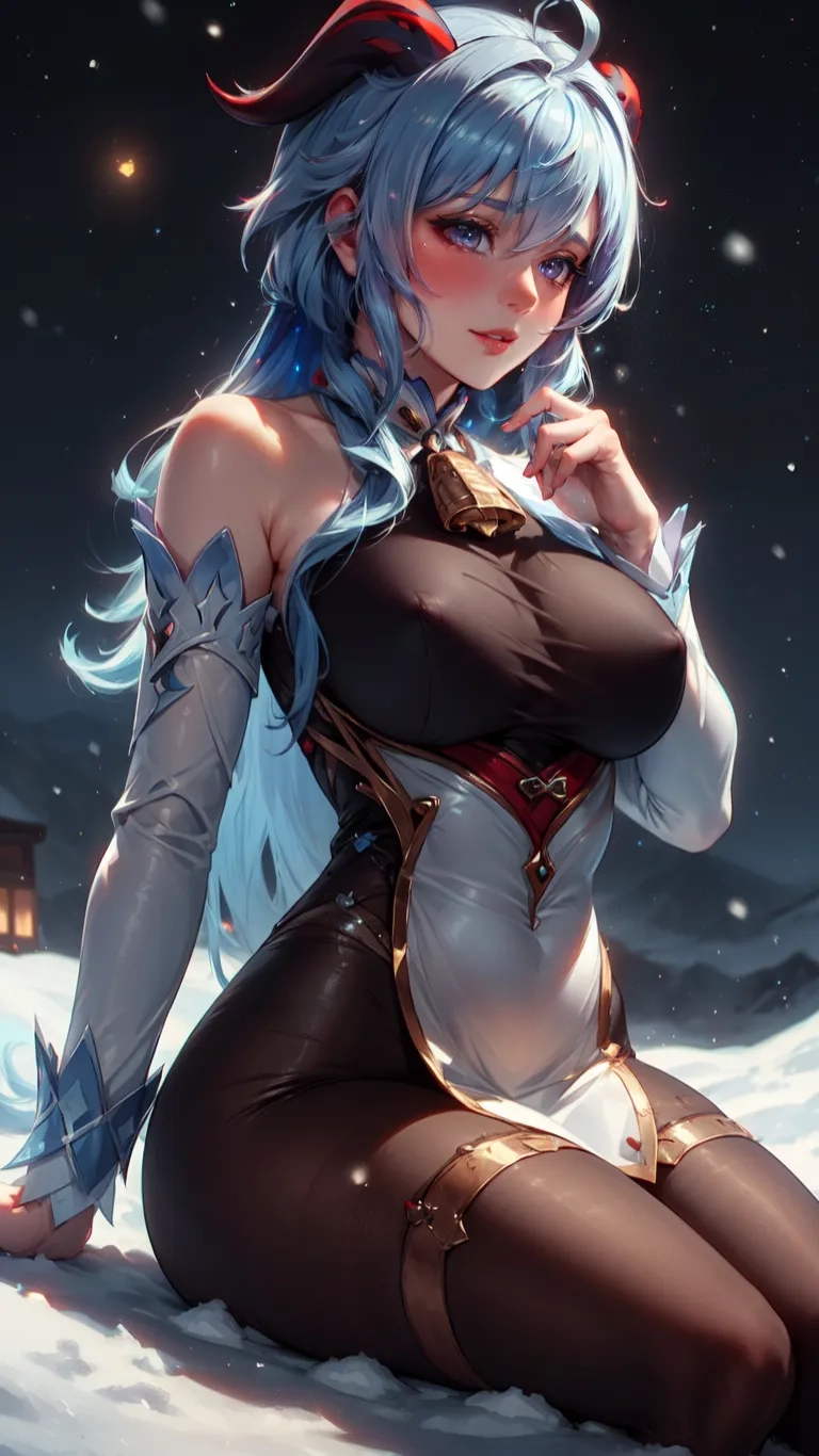 a young woman in a white and blue dress sitting on the snow with her hair tied up and a light blue wig is over her shoulders
