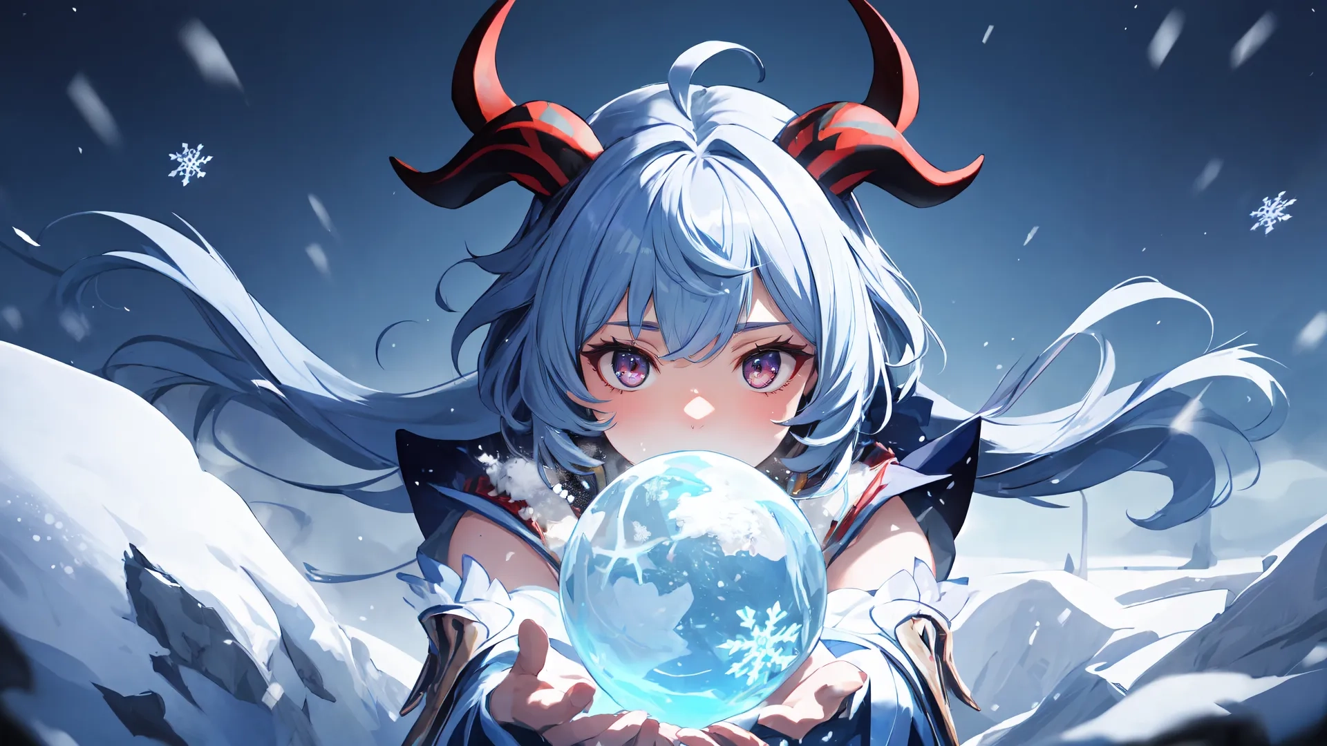 an anime scene with a girl holding a crystal ball at the end of the globe surrounded by snow covered mountains and stars above her head
