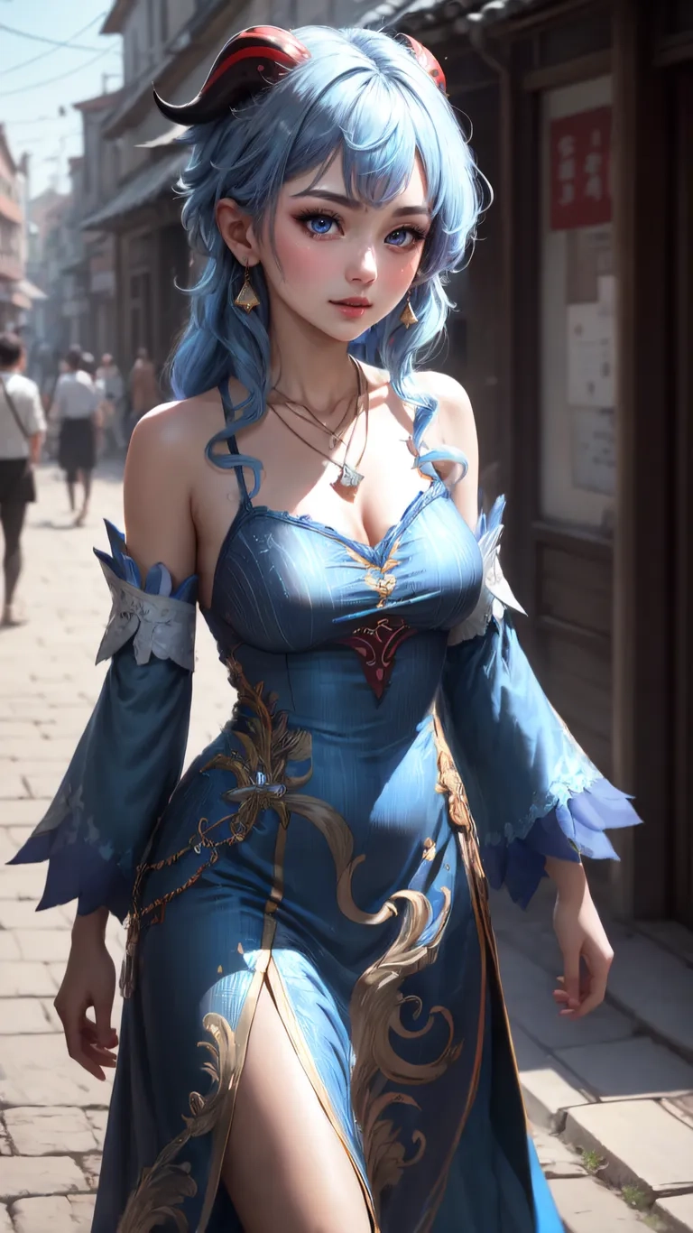 a woman with a blue dress is walking in an alley between shops in the city with flowers around her neck and hair coloring,