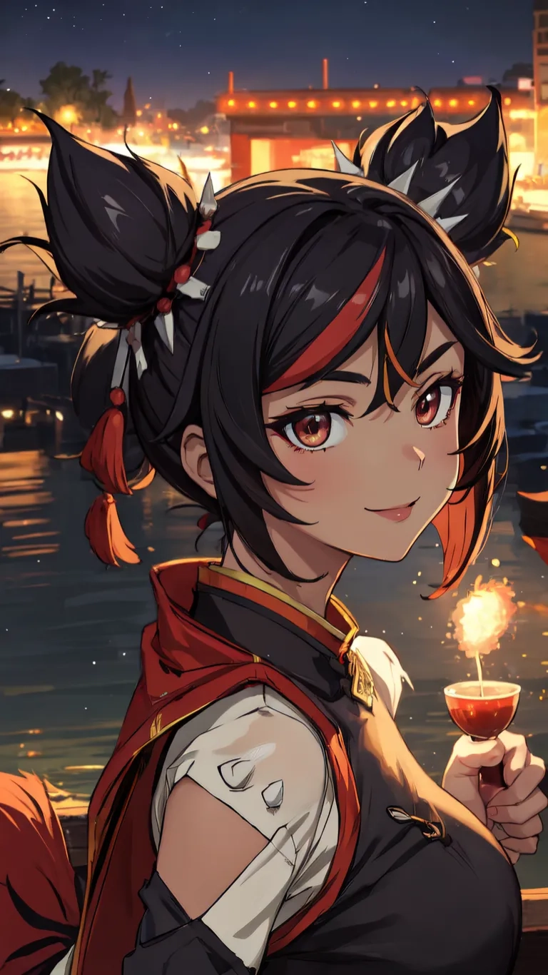 anime girl holding a lit candle in front of the water with other boats docked next to her at night time and behind her is another bridge with a city behind