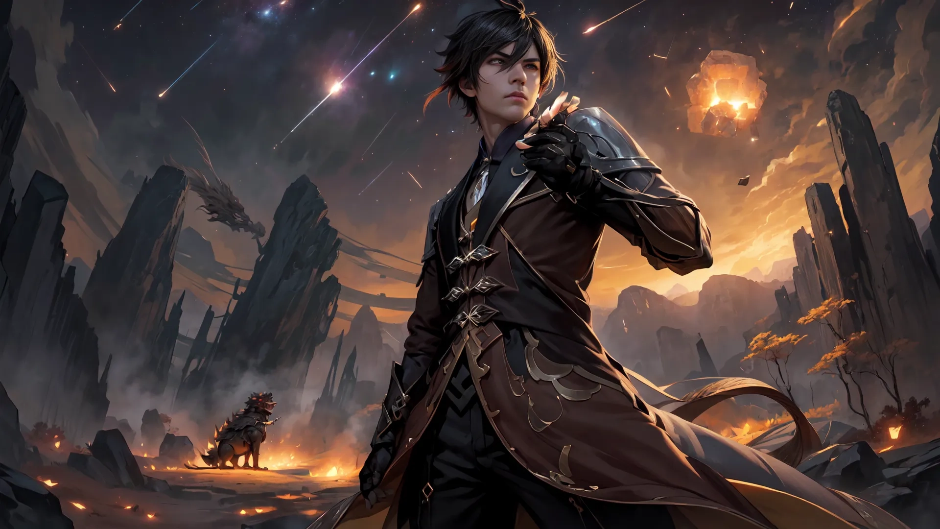 a man is holding a knife next to a rocky landscape or space with an alien like planet in the distance and a person holding a pair of rocks up
