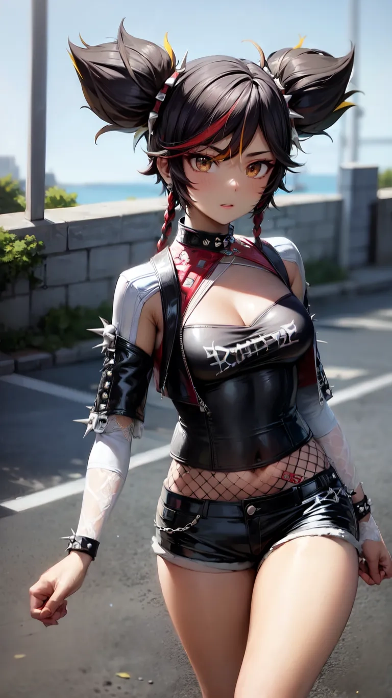 a girl in a punk outfit is walking on the street and wearing headphones and short legs, and holding a piece of clothing while she is tied up with another body