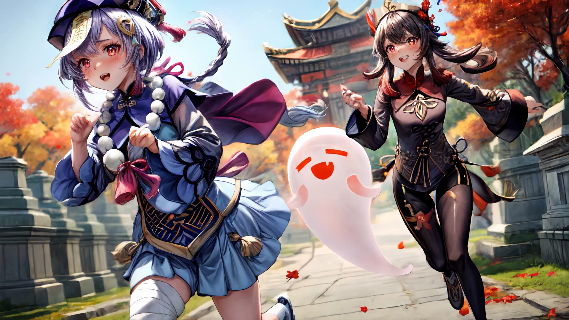 two cartoony women, one in costume and the other in costumes, playing video games through a long time agogon while holding balloons
