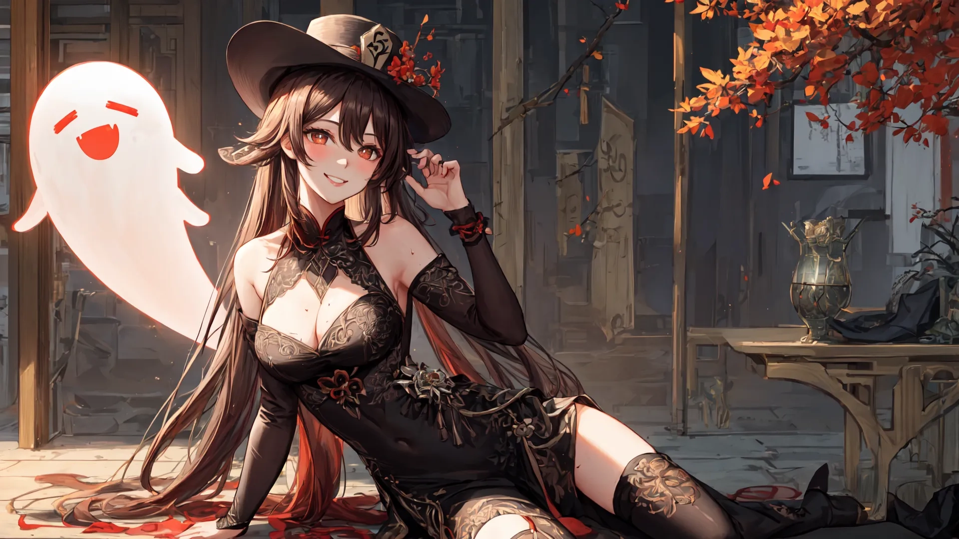 a dark haired woman wearing an emerator sitting on the ground next to a sign and chair with a ghost next to her and two red blood all over
