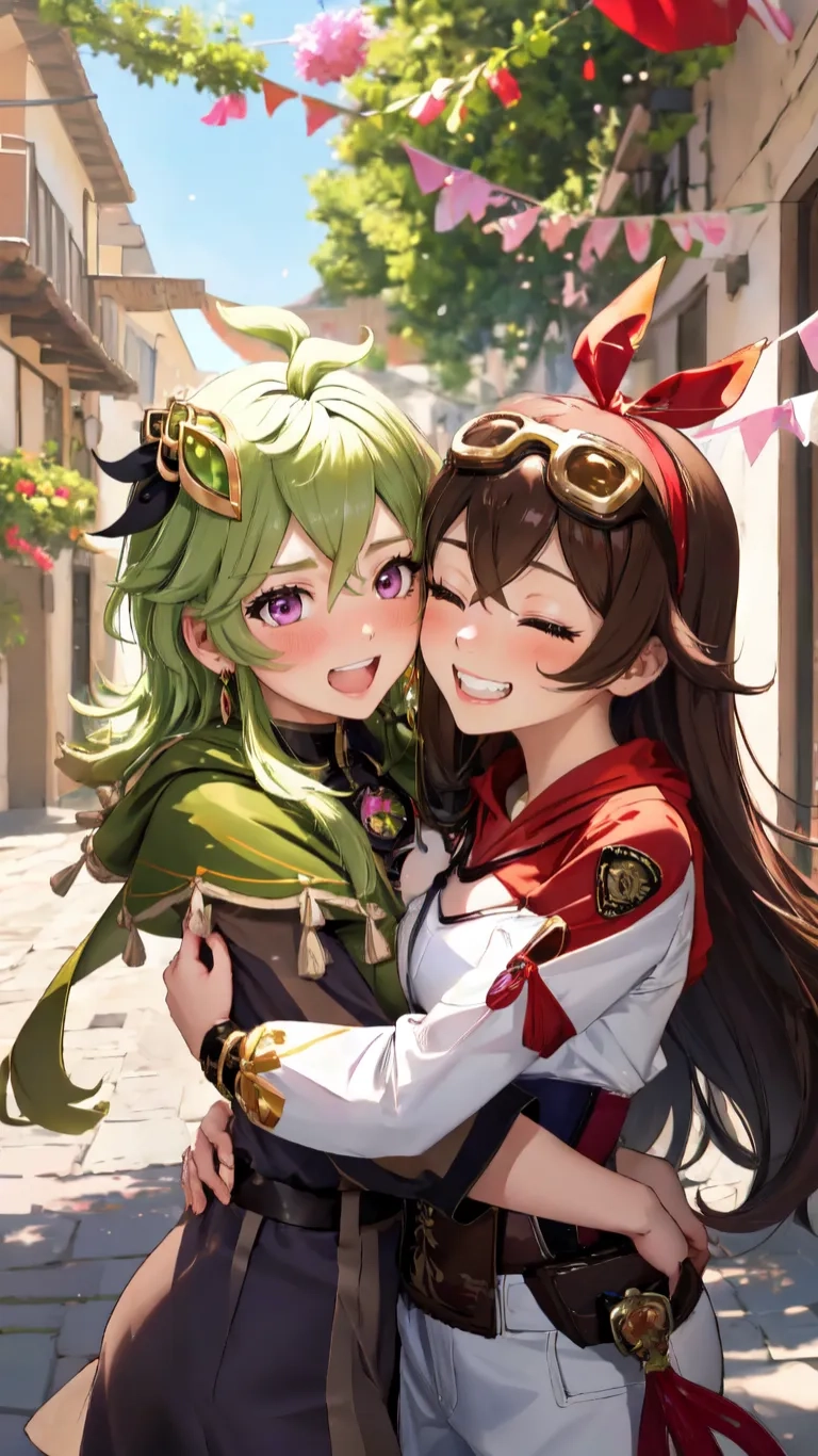 two anime anime girls hug each other on the sidewalk with bright light and some bunnies in the background for the image above their heads
