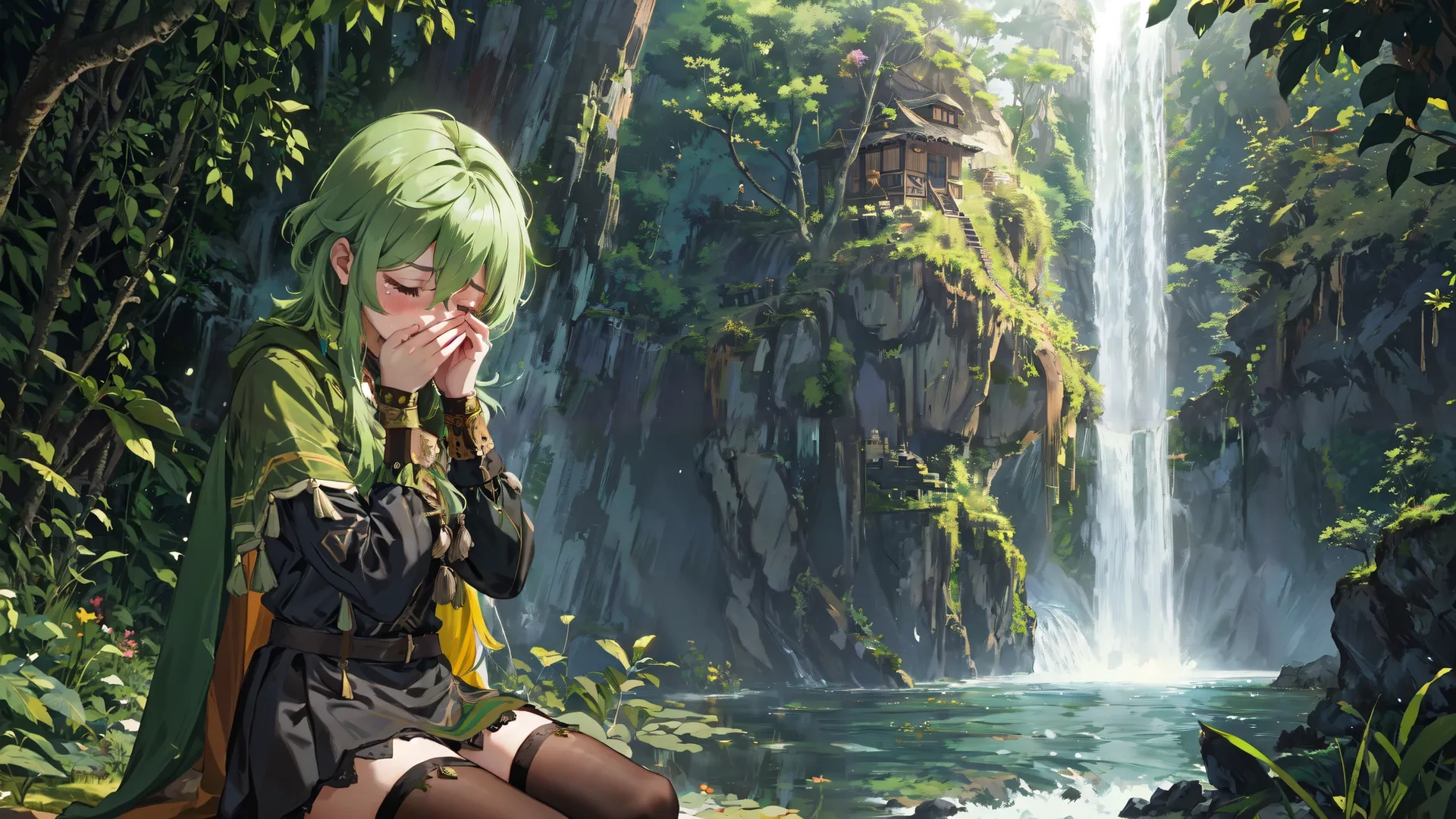 a girl in the grass at the edge of a waterfall sitting down by herself, covered with foliage, with a mountain range in the background