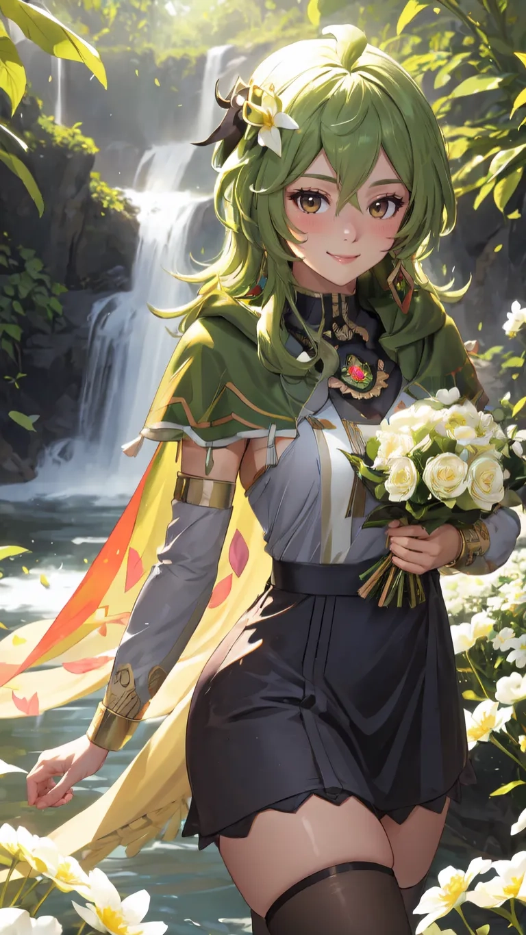 a woman in short skirt and boots near flowers and a fountain covered in flowers that looks like she is wearing green hair with a cloak and a fan