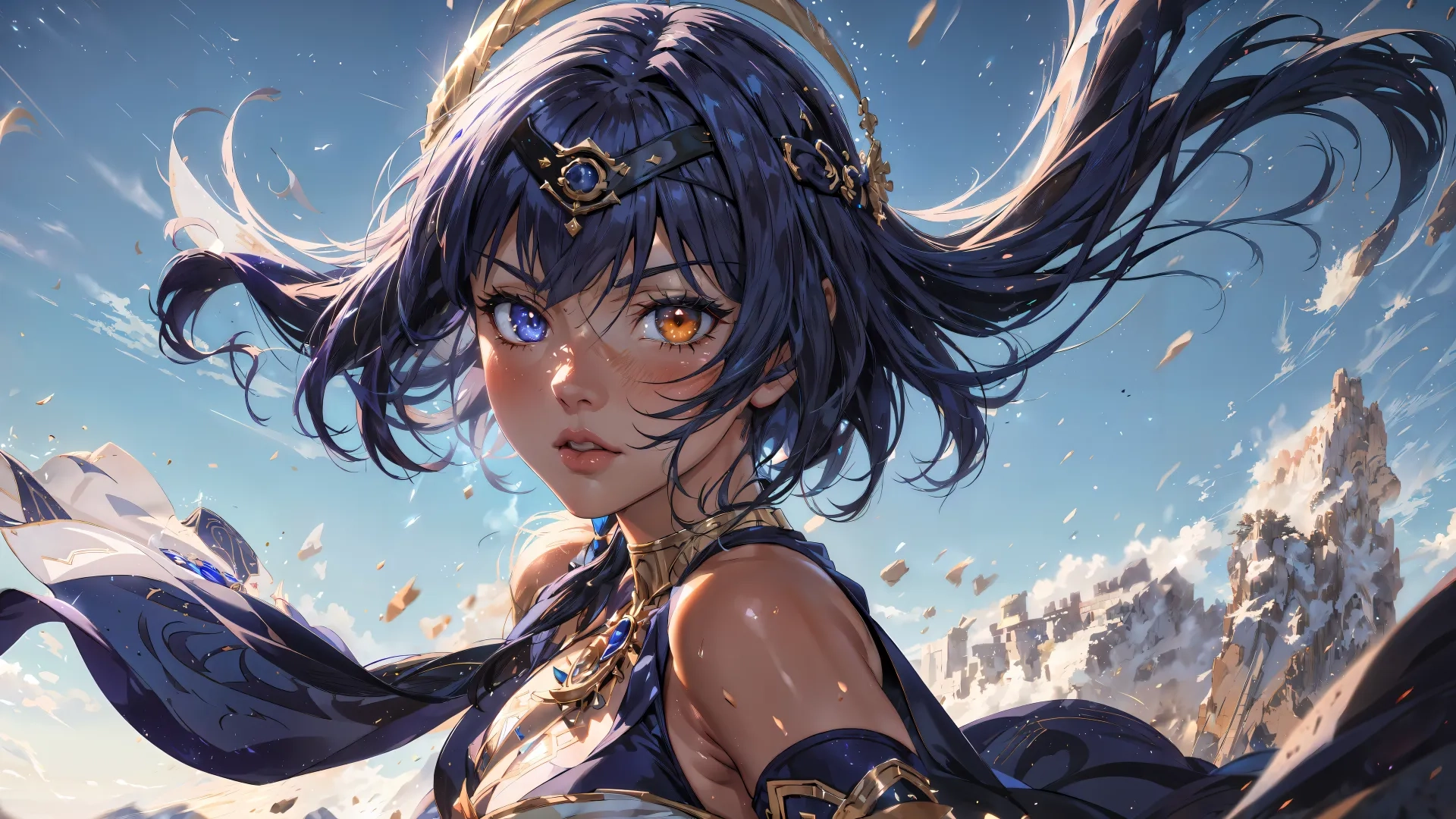 someone is an anime with long hair and an angel wings headpiece on their head and hands around an arm that are flying around with clouds

