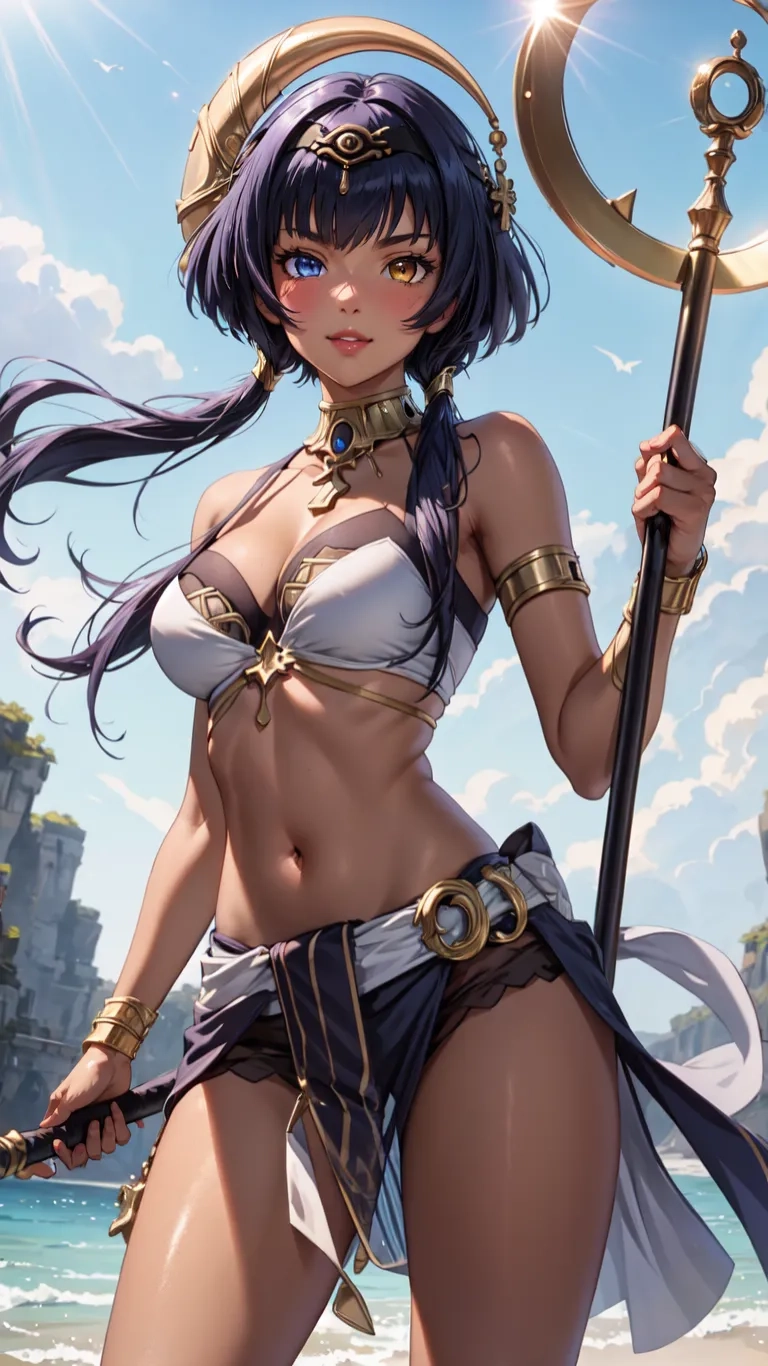 a woman in bikini underwear with a scythe standing in front of the ocean on horseback she is wearing an elaborate helmet and long hair