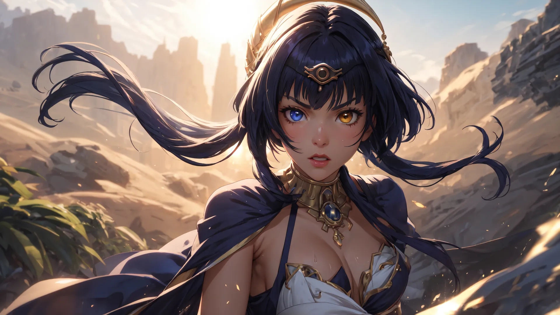 an anime girl with dark hair and a cape draped over her head, wearing chains and jewelry surrounded by desert land and sunflowers