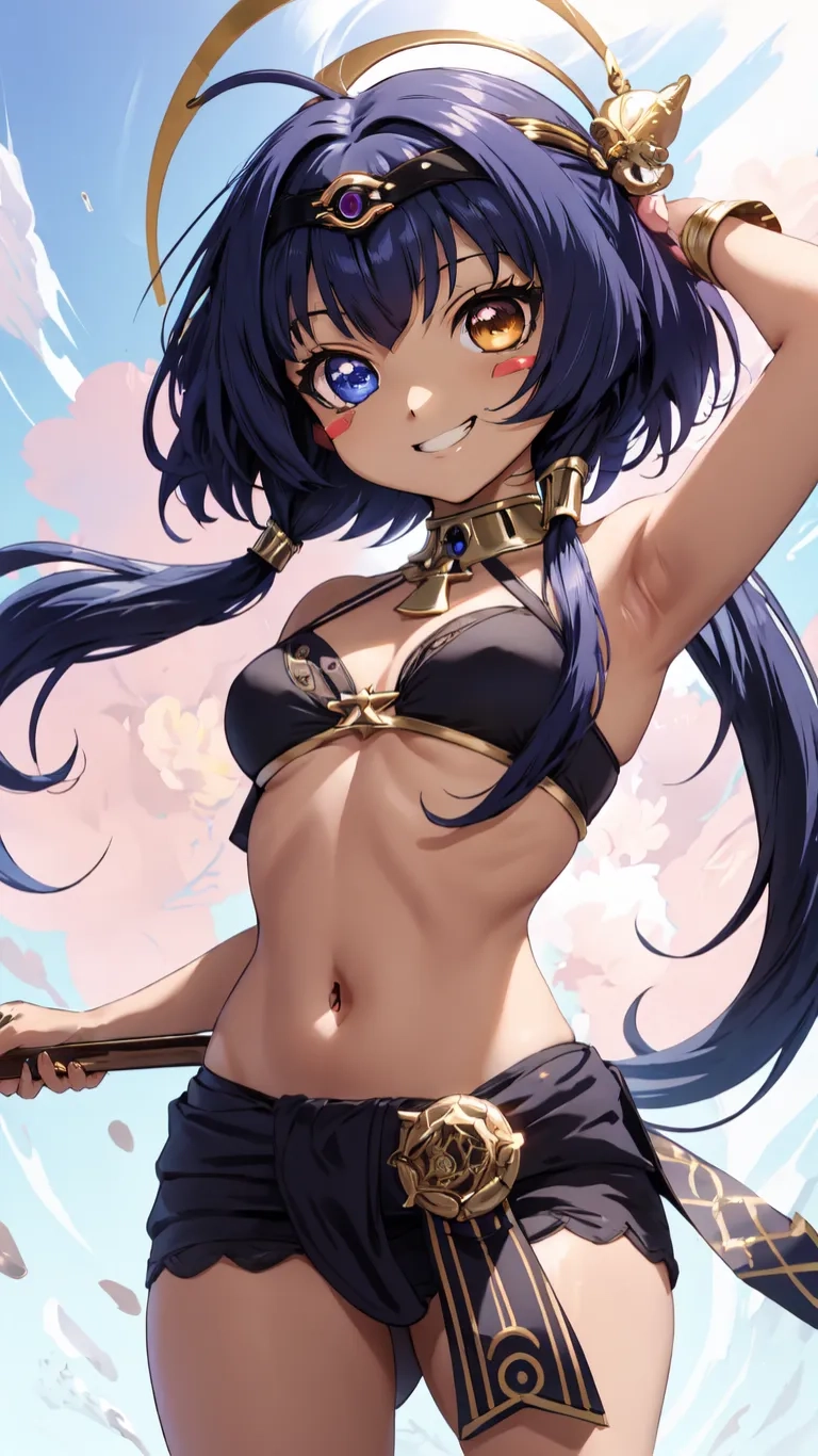 a woman that is in a bikini and some guns on her fingernails by a tree branch in the background that says a fire in the sky