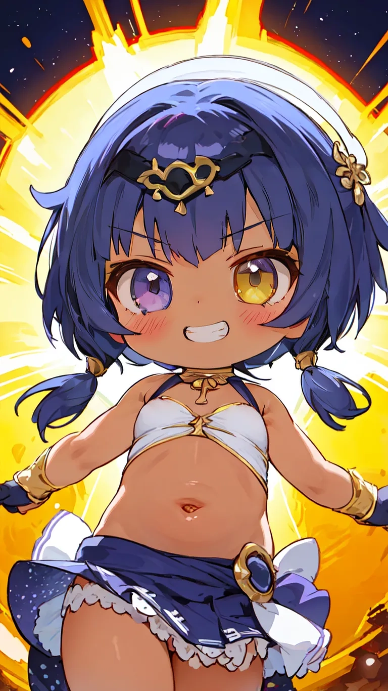 an anime anime character with blue hair and white top with sun shining behind her she is wearing uniform and posing in front of sun rays
