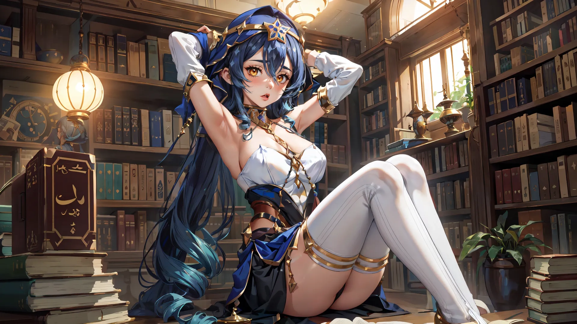 a woman with long hair dressed in blue and white sits in front of books on a table and a man is holding her arms up