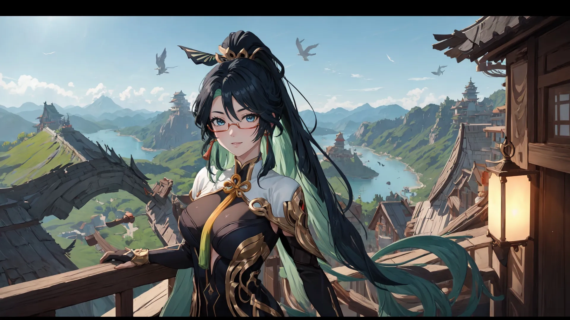 an artistic portrait of a woman on the outside of a castle balcony looking out over the valley and village by water with mountains in the background