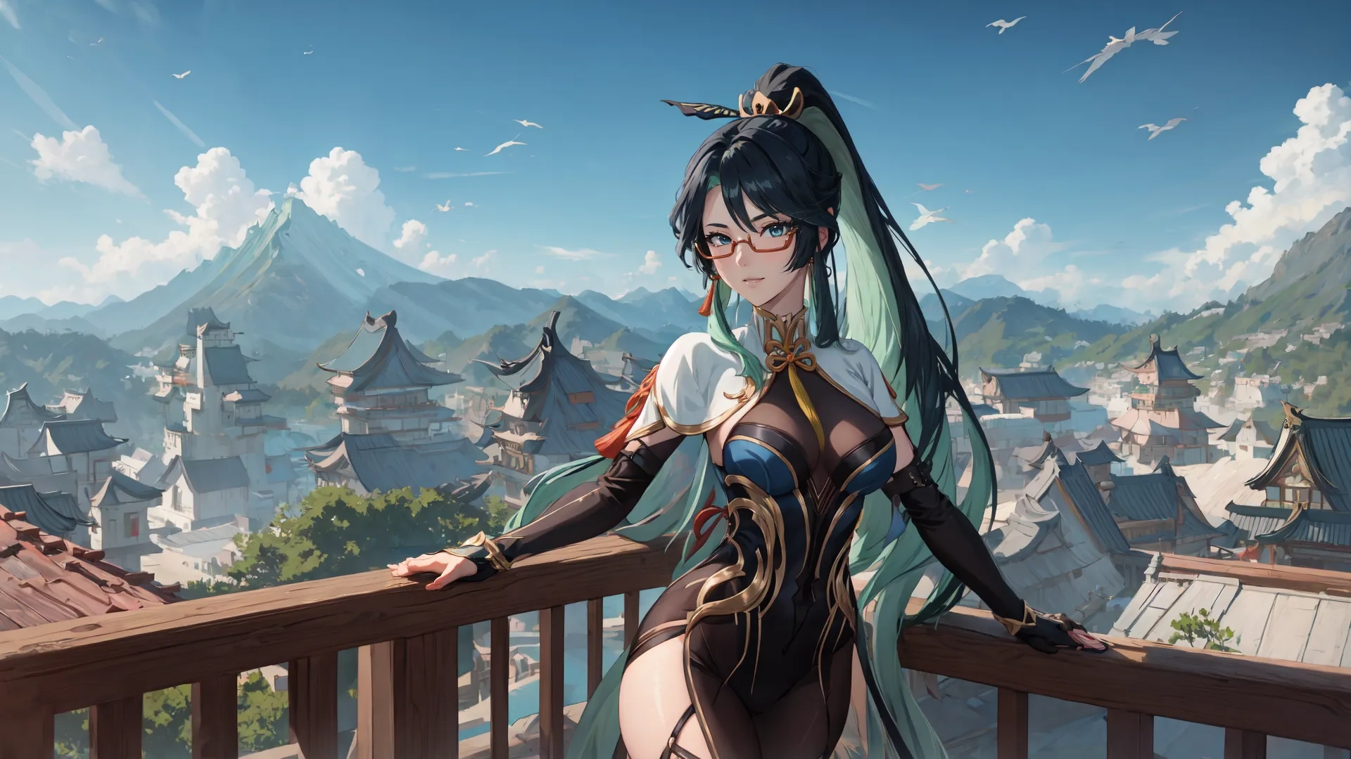 women wearing a corset stands on a balcony above a village below them, with buildings and birds in the air from the windows